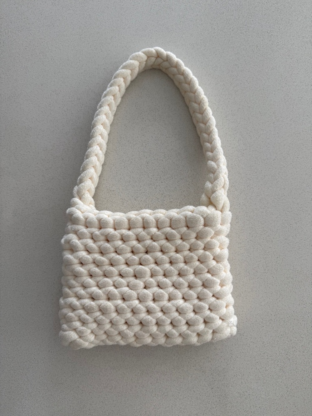 Handmade White Crochet Tote Bag Chunky Knit Purse Soft Textured Handbag w zipper
